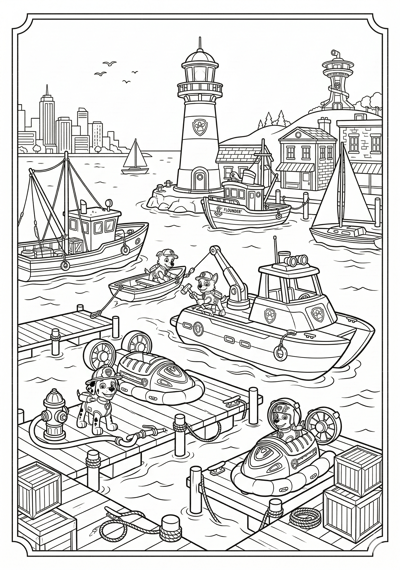 Detailed Paw Patrol harbor rescue with docks, boats, and lighthouse coloring page for kids age 9-10