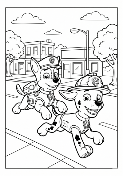 Paw Patrol Marshall and Chase running together with simple city background coloring page for kids age 6-8