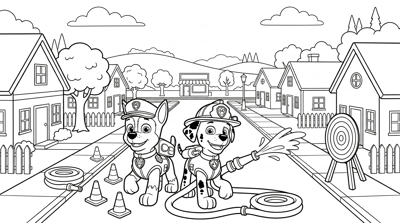 Paw Patrol Marshall practicing at a simple fire drill scene coloring page for kids age 6-8