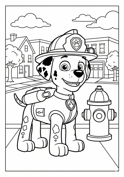 Paw Patrol Marshall standing near a fire hydrant with simple buildings in background coloring page for kids age 6-8