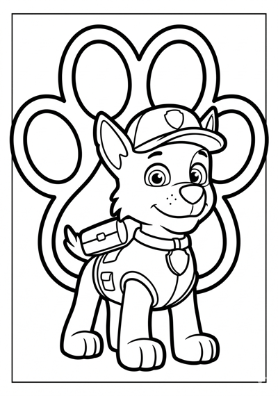 Simple Paw Patrol style pup with a big paw print symbol coloring page for kids age 3-5
