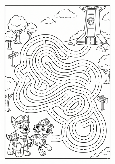 Paw Patrol pups near a simple road maze pattern coloring page for kids age 6-8