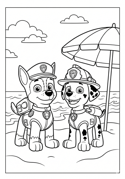 Two Paw Patrol pups at the beach with umbrella and waves coloring page for kids age 6-8