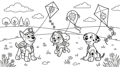 Paw Patrol pups flying kites in a field with few trees coloring page for kids age 6-8