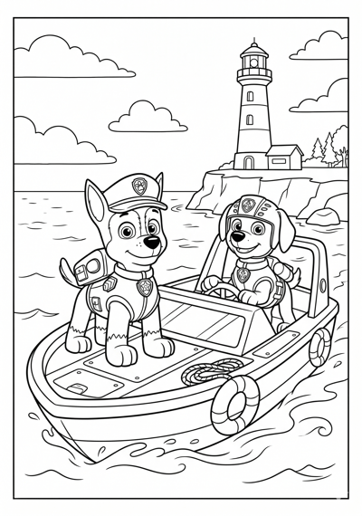 Two Paw Patrol pups on a rescue boat with simple waves and lighthouse coloring page for kids age 6-8
