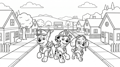 Paw Patrol pups walking down a simple town street with houses coloring page for kids age 6-8