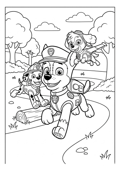 Three Paw Patrol pups playing in a park with trees and clouds coloring page for kids age 6-8