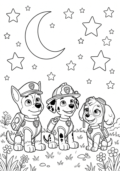 Paw Patrol pups sitting under a night sky with stars and moon coloring page for kids age 6-8