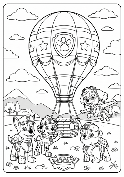 Paw Patrol pups near a big hot air balloon with clouds coloring page for kids age 6-8