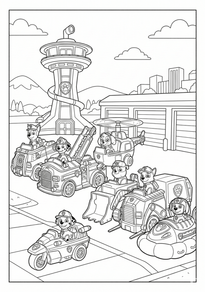 Detailed lineup of Paw Patrol rescue vehicles with pups and simple background coloring page for kids age 9-10