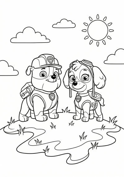 Paw Patrol Rubble and Skye standing on a hill with clouds and sun coloring page for kids age 6-8