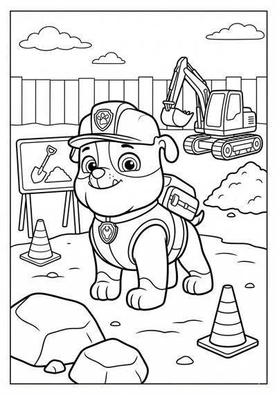 Paw Patrol Rubble at a simple construction site with rocks and signs coloring page for kids age 6-8