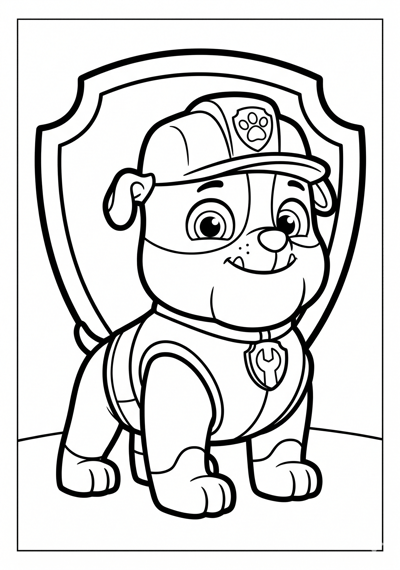 Simple Paw Patrol Rubble standing and smiling coloring page for kids age 3-5, thick bold outlines