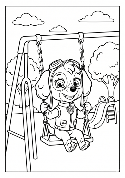 Paw Patrol Skye sitting on a swing in a playground with trees coloring page for kids age 6-8