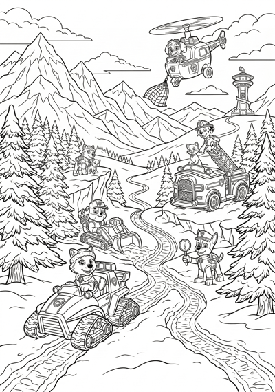 Detailed Paw Patrol winter mountain rescue with snow, trees, and sled tracks coloring page for kids age 9-10