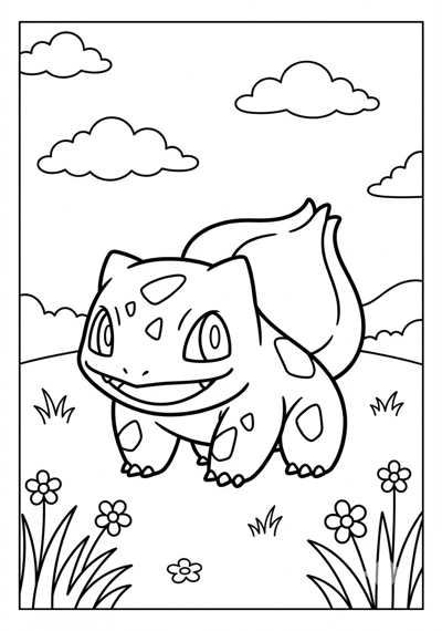 Bulbasaur in simple field Pokemon coloring page for kids age 6-8