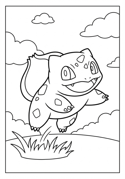 Bulbasaur jumping Pokemon coloring page for kids age 6-8