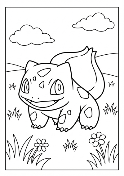 Bulbasaur standing in grass Pokemon coloring page for kids age 6-8