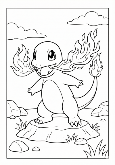 Charmander simplified fire pose Pokemon coloring page for kids age 9-10