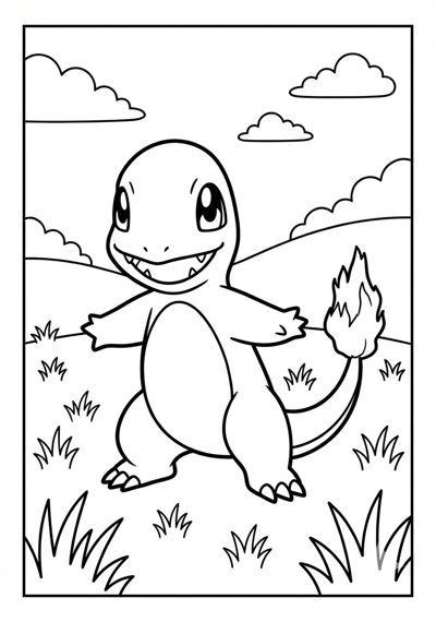 Charmander standing in grass Pokemon coloring page for kids age 6-8