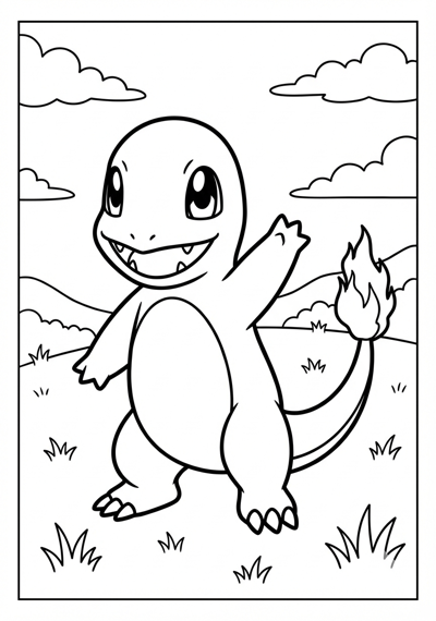 Charmander waving Pokemon coloring page for kids age 6-8