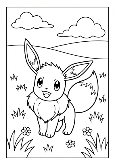 Eevee in simple grass Pokemon coloring page for kids age 6-8