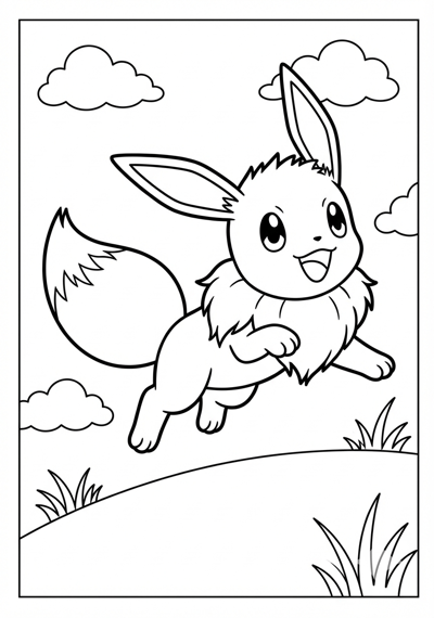 Eevee jumping Pokemon coloring page for kids age 6-8