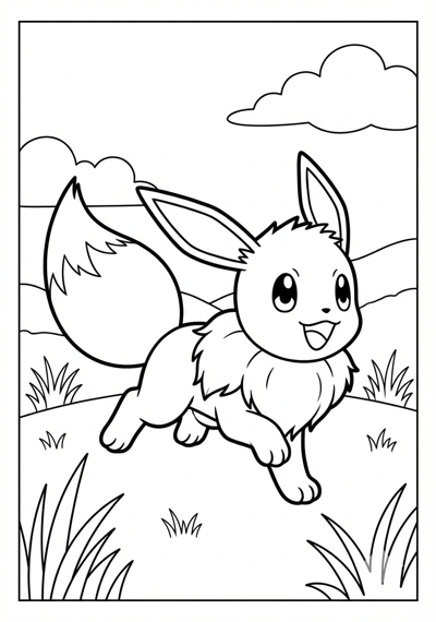 Eevee running in field Pokemon coloring page for kids age 6-8