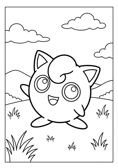 Jigglypuff waving in field Pokemon coloring page for kids age 6-8