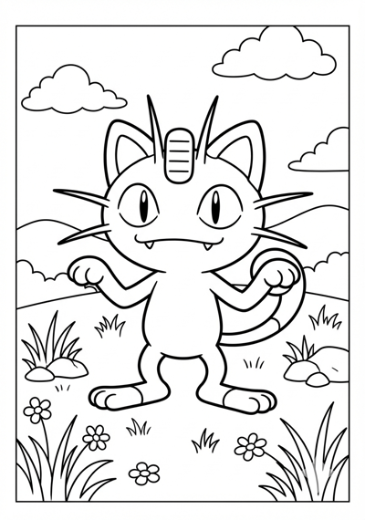 Meowth standing in grass Pokemon coloring page for kids age 6-8