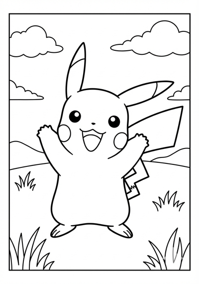 Pikachu happy in simple field Pokemon coloring page for kids age 6-8