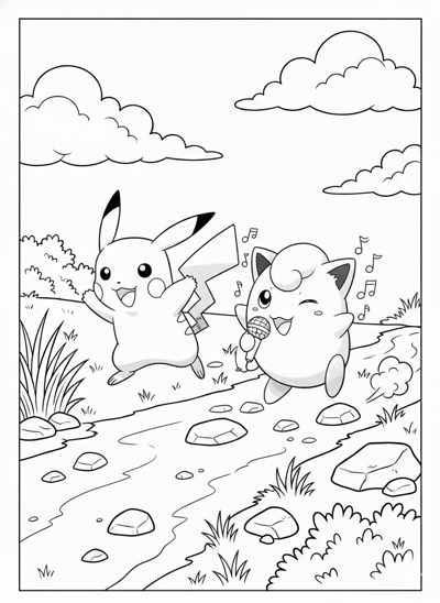 Pikachu and Jigglypuff in dynamic pose Pokemon coloring page for kids age 9-10