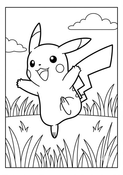 Pikachu jumping in grass Pokemon coloring page for kids age 6-8