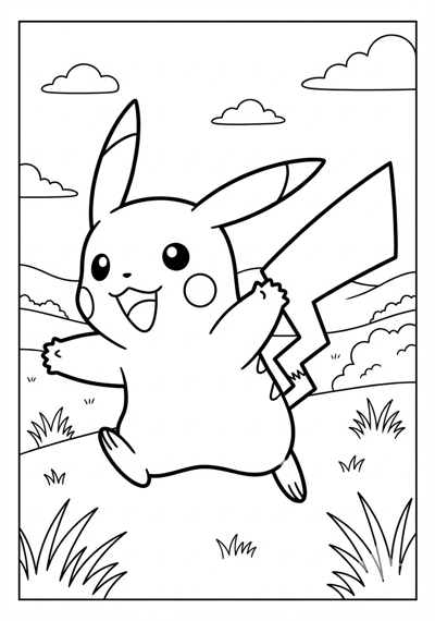 Pikachu running in open field Pokemon coloring page for kids age 6-8