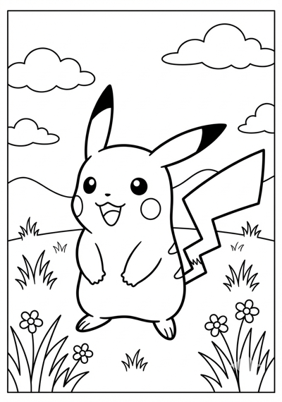 Pikachu standing in grassy field Pokemon coloring page for kids age 6-8