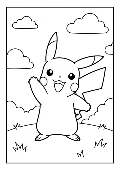 Pikachu waving with simple clouds Pokemon coloring page for kids age 6-8