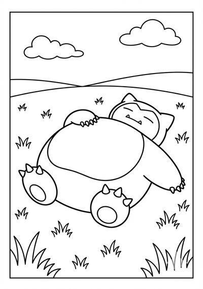 Snorlax sleeping in grass Pokemon coloring page for kids age 6-8