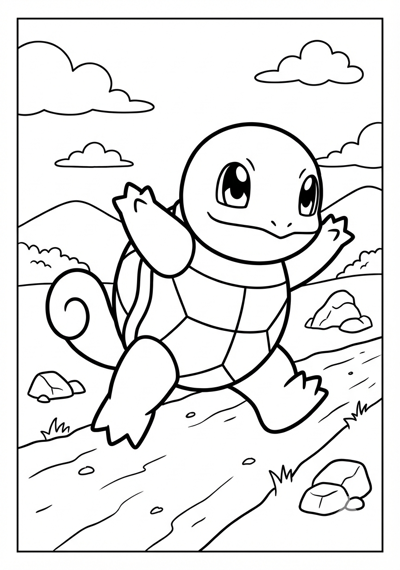 Squirtle running Pokemon coloring page for kids age 6-8
