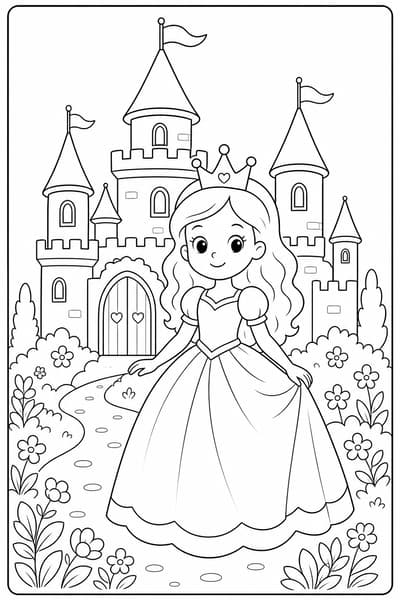 Princess and Castle printable princess coloring page for kids ages 6-8