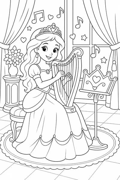 Princess and Music printable princess coloring page for kids ages 6-8