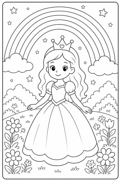 Princess and Rainbow printable princess coloring page for kids ages 6-8