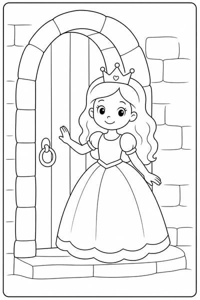 Princess at Door printable princess coloring page for kids ages 3-5