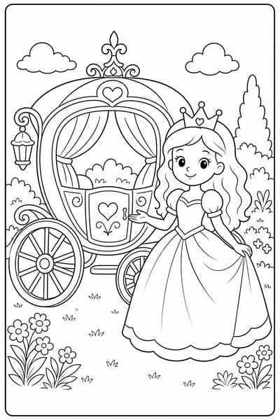 Princess Carriage printable princess coloring page for kids ages 6-8