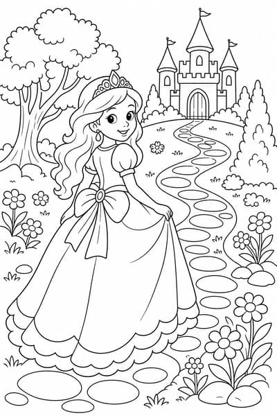 Princess Castle Path printable princess coloring page for kids ages 6-8