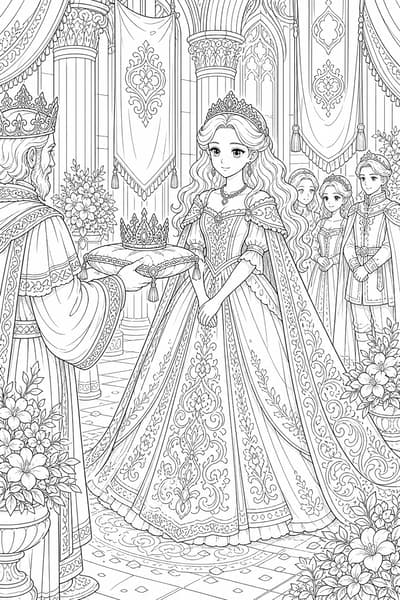 Detailed princess coloring page of a princess coronation scene in a palace hall.