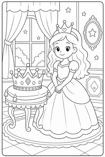 Princess Crown Room printable princess coloring page for kids ages 6-8
