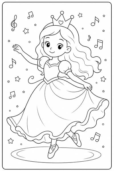 Princess Dancing printable princess coloring page for kids ages 6-8