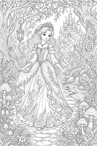 Princess Enchanted Forest printable princess coloring page for kids ages 9-10