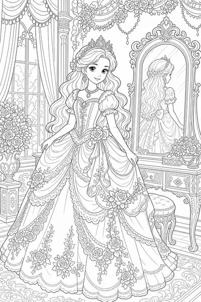Princess Floral Gown printable princess coloring page for kids ages 9-10