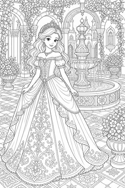 Princess Fountain Courtyard printable princess coloring page for kids ages 9-10